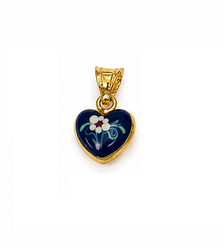 18K Solid Yellow Gold Enamel Puffy Heart Pendant Charms with Flowers