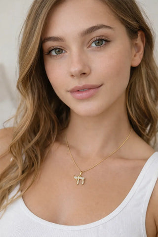 18K Solid Yellow Gold Diamond Chai Pendant Necklace