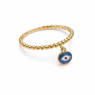 18K Solid Yellow Gold Center Blue Evil Eye Beads Band Ring