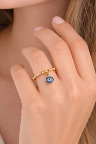 18K Solid Yellow Gold Center Blue Evil Eye Beads Band Ring