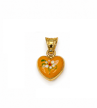 18K Solid Yellow Gold Enamel Puffy Heart Pendant Charms with Flowers