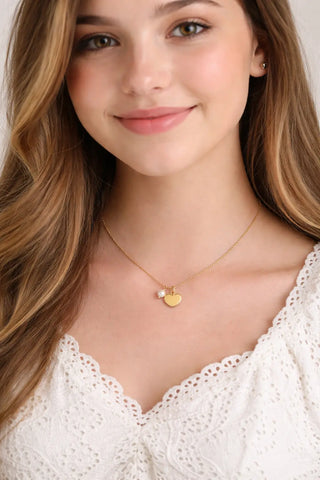 18K Solid Yellow Gold Small Polished Heart and Pearl Necklace