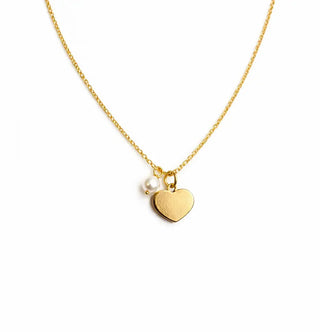 18K Solid Yellow Gold Small Polished Heart and Pearl Necklace