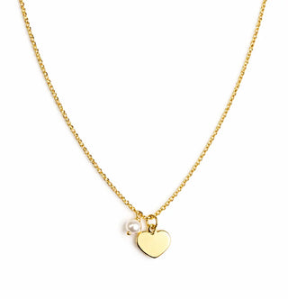 18K Solid Yellow Gold Small Polished Heart and Pearl Necklace