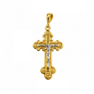 18K Solid Two-Tone Gold Small Orthodox Crucifix Pendant