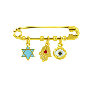18K Yellow Gold Enamel Hamsa, Evil Eye and Star David Safety Pin