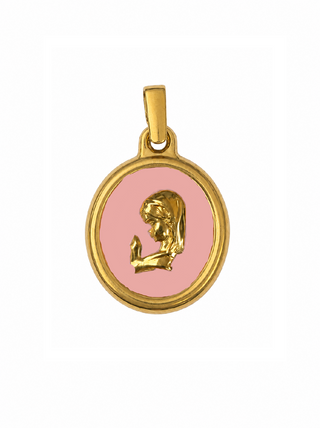 18K Solid Yellow Gold Pink Enamel Virgin Mary Medal Pendant