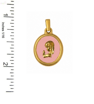 18K Solid Yellow Gold Pink Enamel Virgin Mary Medal Pendant