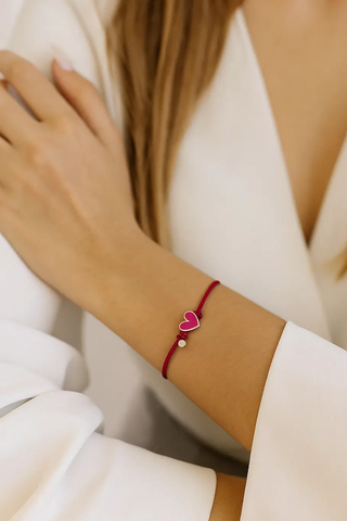 Sterling Silver Pink Enamel Heart Zirconia Cord Bracelet