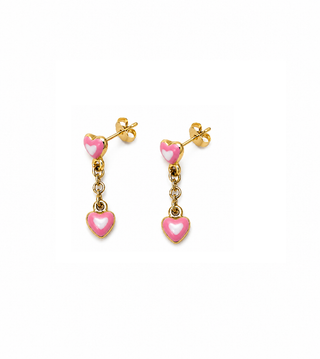 18K Solid Yellow Gold Pink and White Enamel Heart Dangle Earrings