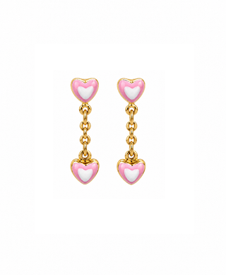 18K Solid Yellow Gold Pink and White Enamel Heart Dangle Earrings