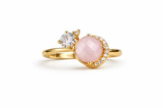 18K Solid Yellow Gold Faceted Pink Quartz and Zirconia Ring