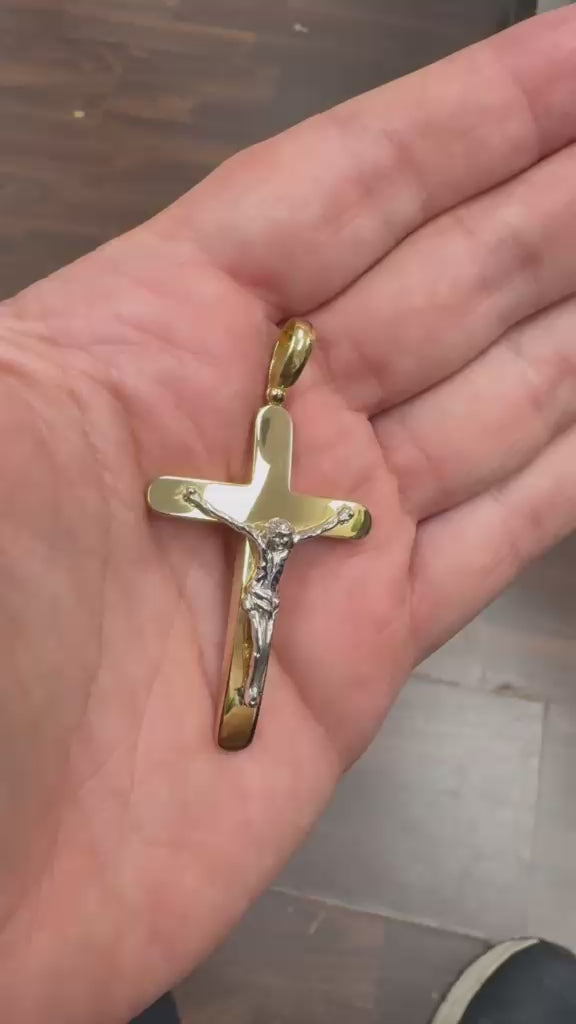 18K Solid Gold Two-Tone Large Modern Crucifix Pendant