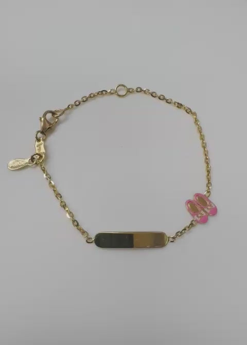 18k Solid Yellow Gold Pink Enamel Ballet Slippers Id Bracelet