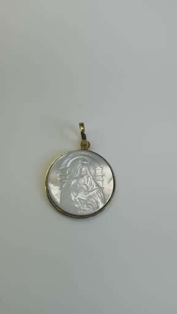 18K Yellow Gold Mother of Pearl Our Lady of Coromoto Medal