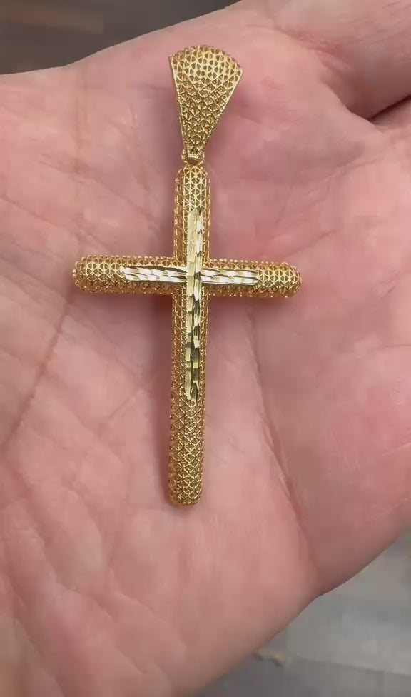 18K Yellow Gold Large Filigree Diamond-Cut Cross Pendant