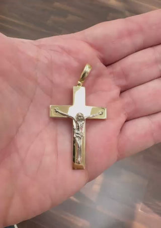 18k Solid Gold Two Tone Large Classic Men's Crucifix Pendant