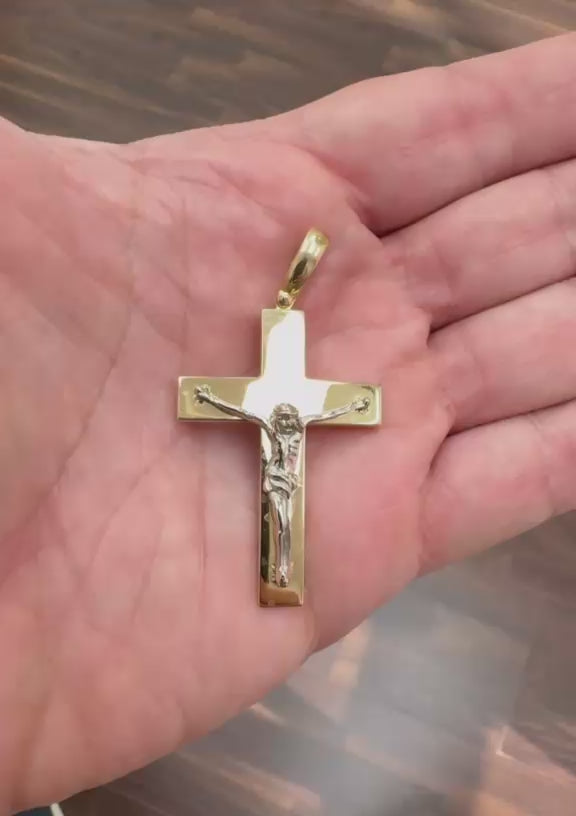 18k Solid Gold Two Tone Large Classic Men's Crucifix Pendant