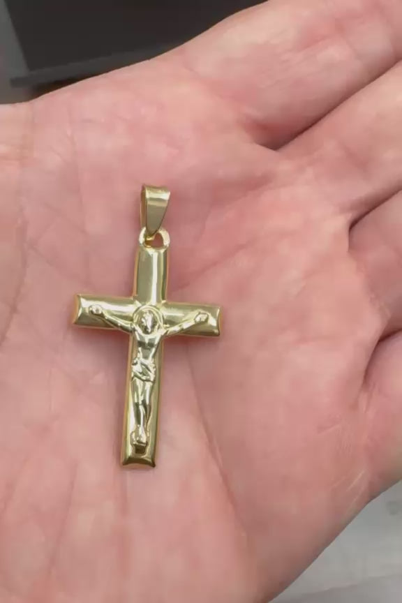 18K Solid Yellow Gold Polished Medium Men's Crucifix Pendant