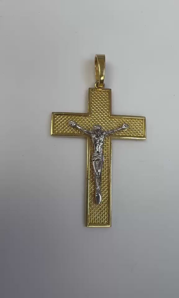 18K Solid Two-Tone Gold Basket Weave Crucifix Pendant