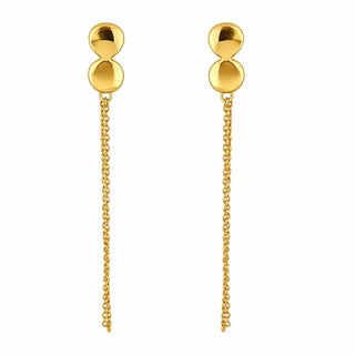 18K Yellow Solid Gold Double Circle Dangling Chain Earrings