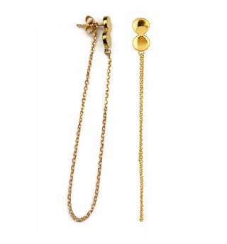 18K Yellow Solid Gold Double Circle Dangling Chain Earrings