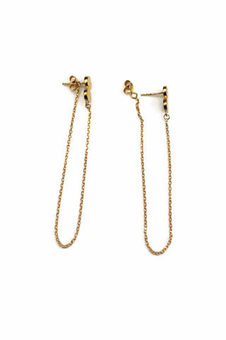 18K Yellow Solid Gold Double Circle Dangling Chain Earrings