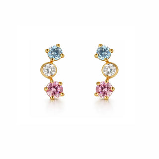 18K Gold Pink Blue and White Zirconia Crawler Post Earrings