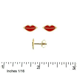 pr18K Solid Yellow Gold Red Enamel Lips Post Earrings