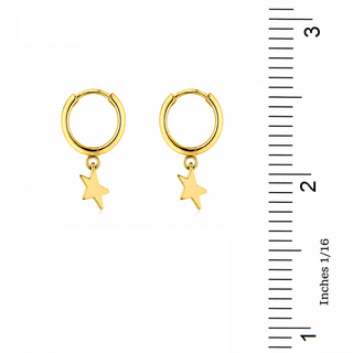 18K Solid Yellow Gold Dangle Star Hinge Hoop Huggie Earrings