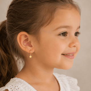 18K Solid Yellow Gold Dangle Star Hinge Hoop Huggie Earrings
