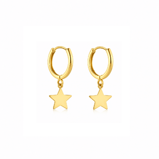 18K Solid Yellow Gold Dangle Star Hinge Hoop Huggie Earrings