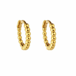 18K Solid Yellow Gold Front Beads Tiny Hinged Hoop Earrings