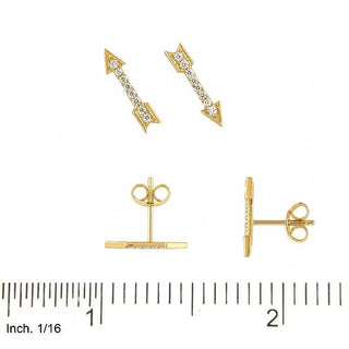 18K Solid Yellow Gold White Zirconia Arrow Post Earrings