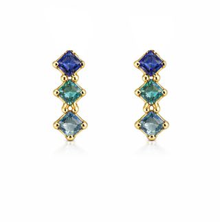 18K Solid Gold Small Blue multi color Zirconia Line Earrings