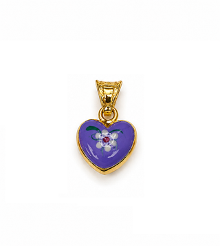 18K Solid Yellow Gold Enamel Puffy Heart Pendant Charms with Flowers