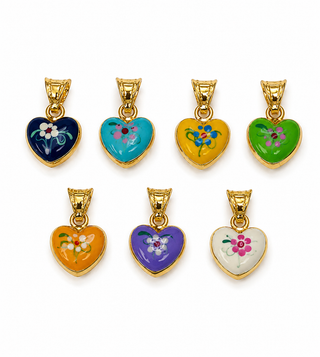 18K Solid Yellow Gold Enamel Puffy Heart Pendant Charms with Flowers