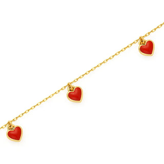 18K Yellow Gold Red Enamel Dangling Heart Charm Bracelet 
