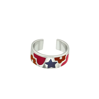 Sterling Silver Enamel Star Hear and Flowers Open Ring