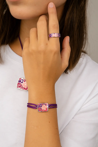 Sterling Silver Enamel Flowers Lavender Adjustable Ring