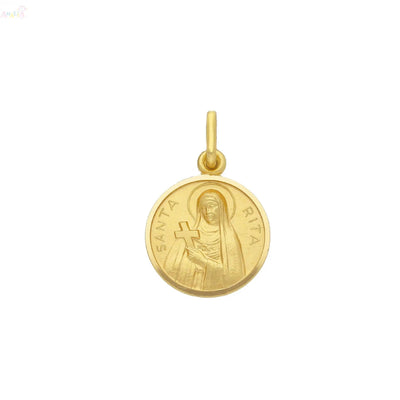 18 Karat Massives Gelbgold Rundmedaille Heilige Rita von Cascia 13 mm