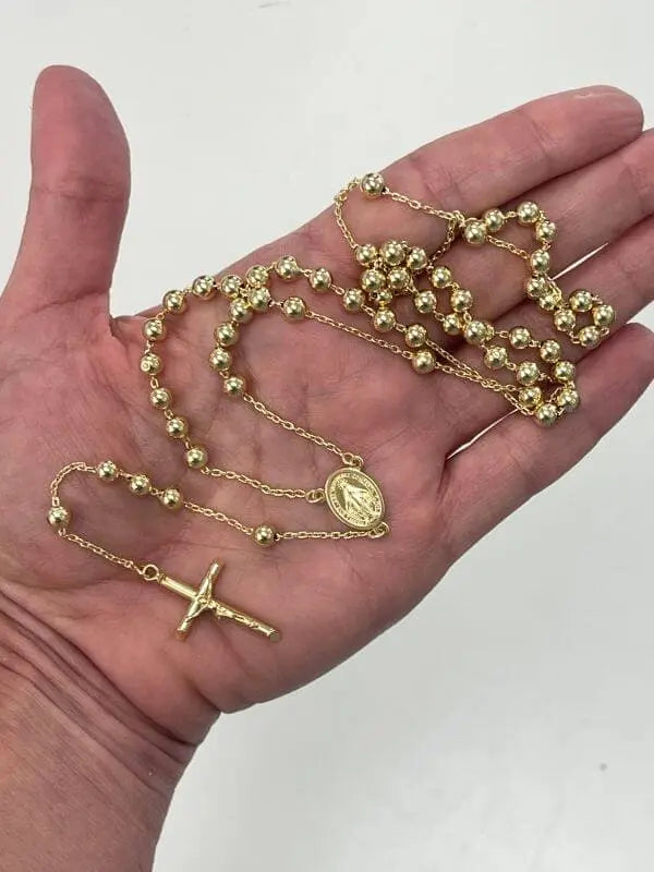 18K Solid Yellow Gold 5mm Beads Men's Rosary Necklace