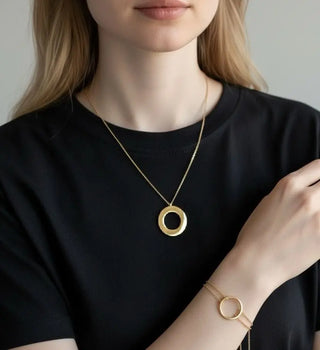 18K Solid Yellow Gold Open Circle Double Chain Bracelet