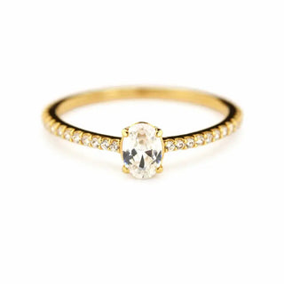 18K Solid Yellow Gold Oval Zirconia Ring with Pave Band