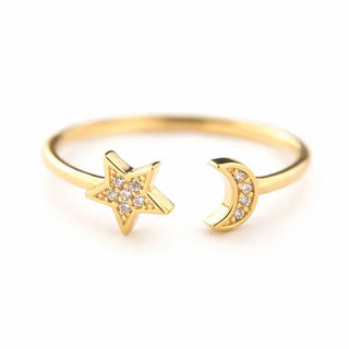18K Solid Yellow Gold Zirconia Star and Moon Open Ring