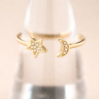 18K Solid Yellow Gold Zirconia Star and Moon Open Ring
