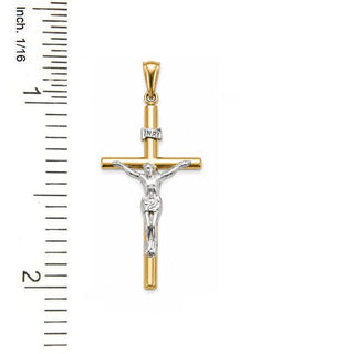 18K Solid Two-Tone Gold Half-Tube Polished Crucifix Pendant