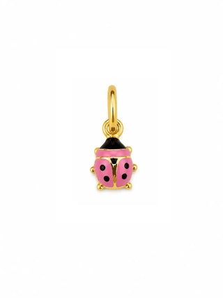18K Solid Yellow Gold Tiny Pink Enamel Ladybug Charm Pendant