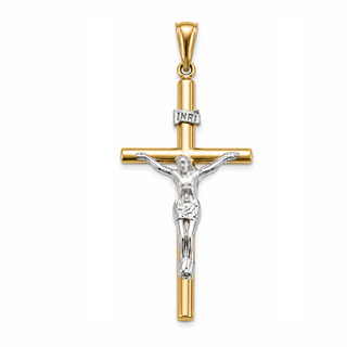 18K Solid Two-Tone Gold Half-Tube Polished Crucifix Pendant