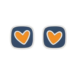 Sterling Silver Square Enamel Navy Blue and Yellow Heart Post Earrings